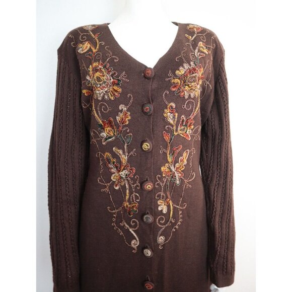 Vintage Carole Little Sweater Dress Floral Embroidery Button Front Brown Midi M - Picture 4 of 9